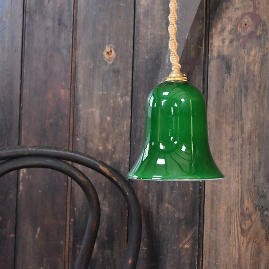 Vintage Green Glass Bell Shade Pendant Ceiling Downlight With Hemp Braided Flex photo for sale