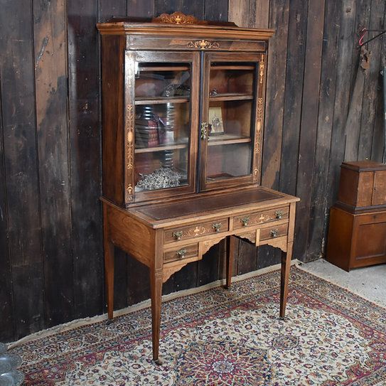 Antique Exquisite Inlaid Rosewood Satinwood Glazed Bookcase Leather Insert Desk photo buy