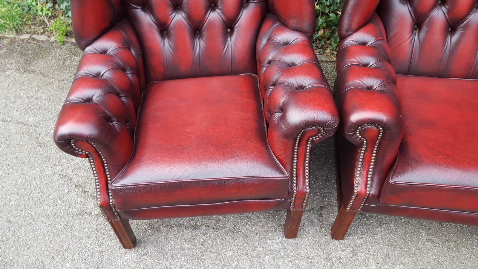 Matching Pair Of Mahogany Red Leather Chesterfield Wingback Armchairs photo vinterior