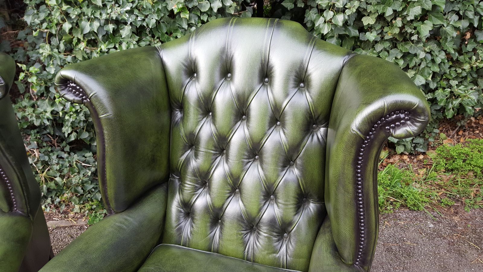 Matching Pair Of Mahogany Green Leather Chesterfield Wingback Armchairs photo 1095.0