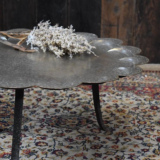 photo for sale Antique Indian Kashmir Hand Engraved Scalloped Brass Wrought Iron Side Tea Table