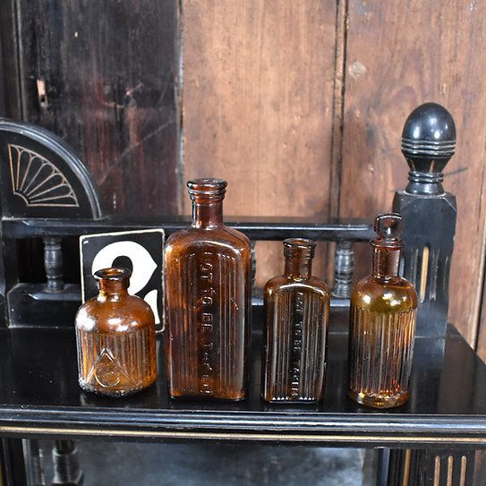Antique Victorian Apothecary Not To Be Taken Poison Brown Glass Bottle Set Of 4 photo Home Decor