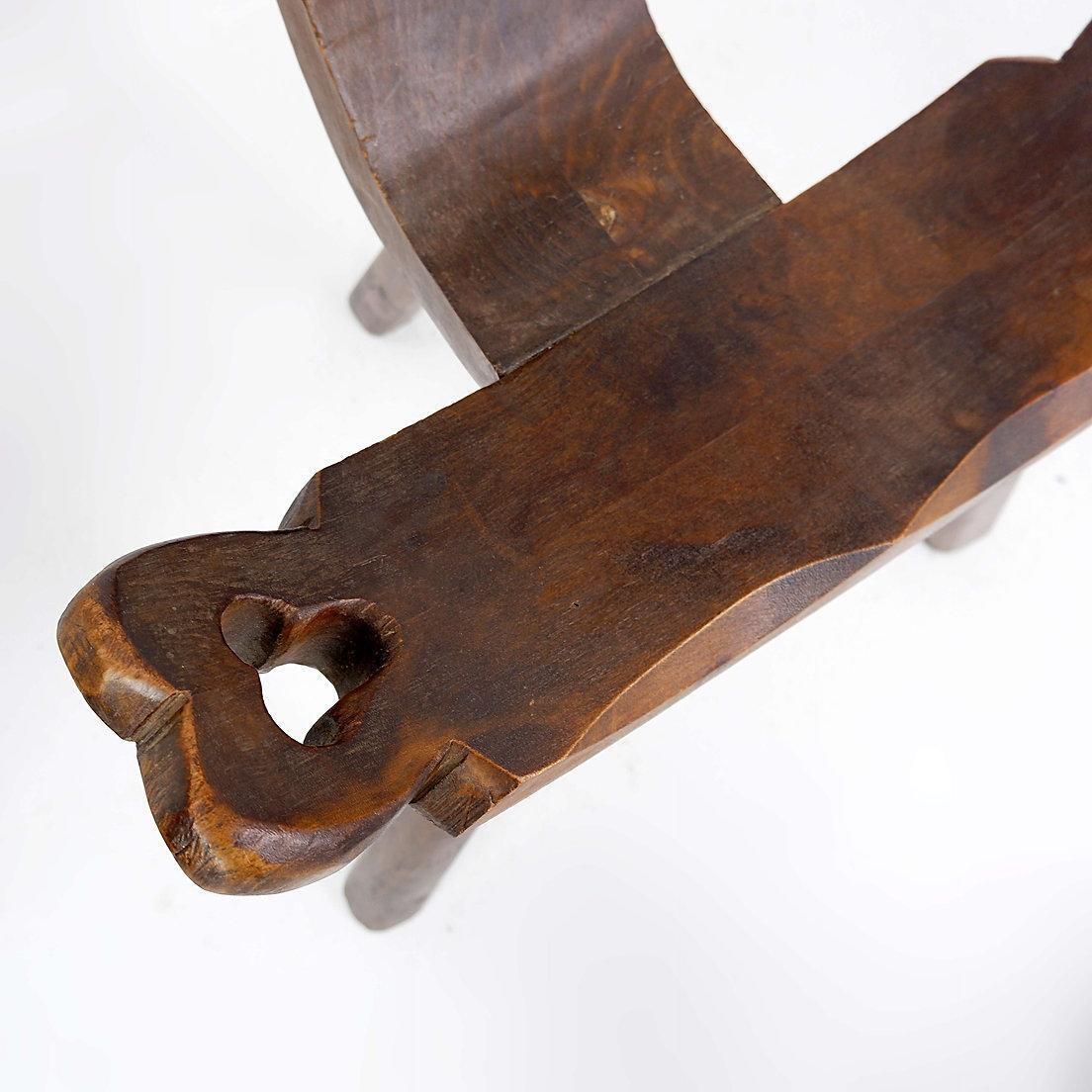 Primitive French Wooden Carved Tripod Chair, Wabi Sabi Style, Early 20th Century photo furniture