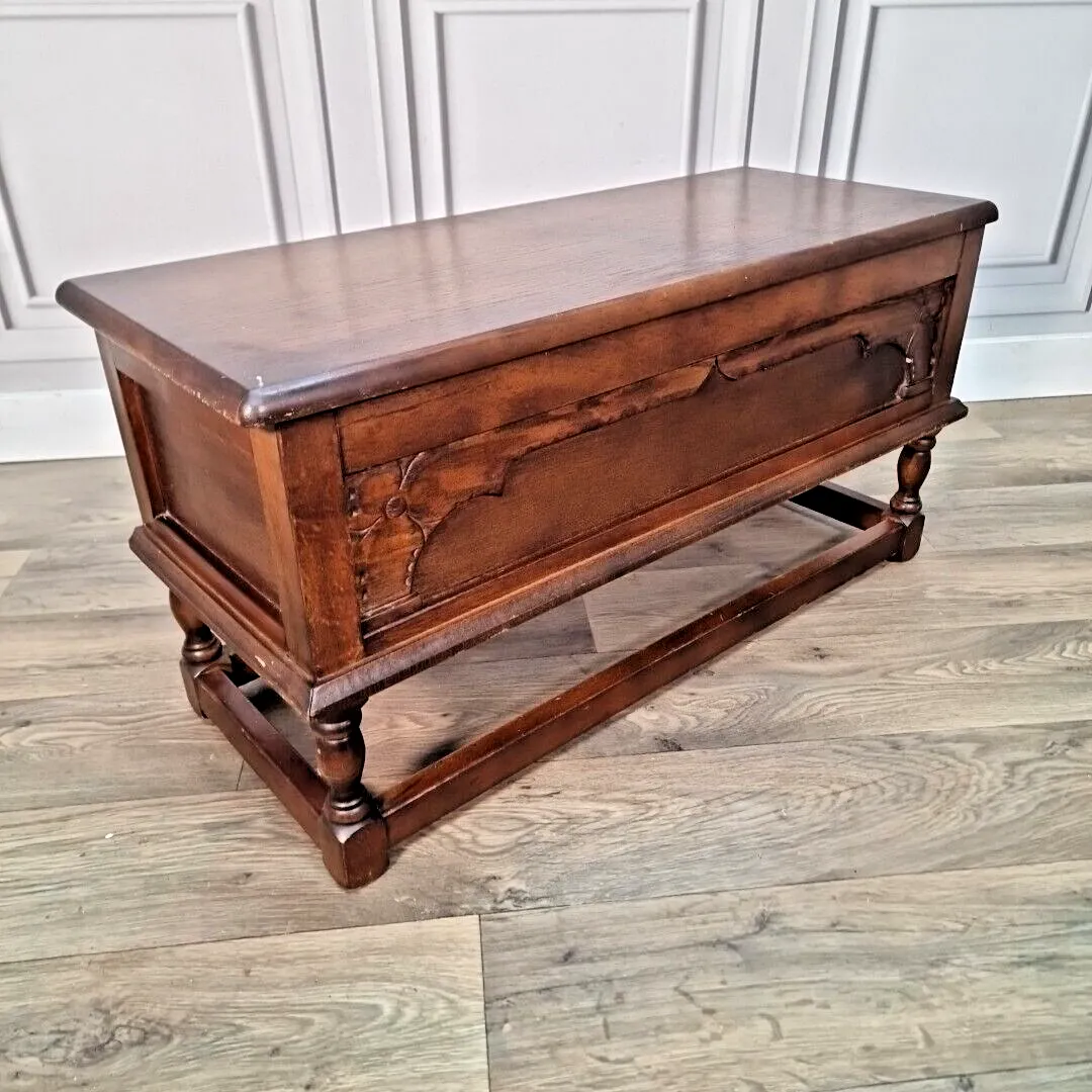 Antique Wooden Carved Blanket Box Mule Chest Trunk Table On Turned Stand Oak photo furniture