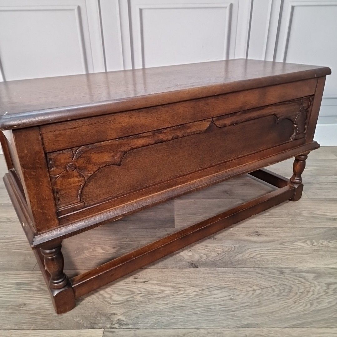 Antique Wooden Carved Blanket Box Mule Chest Trunk Table On Turned Stand Oak photo for sale