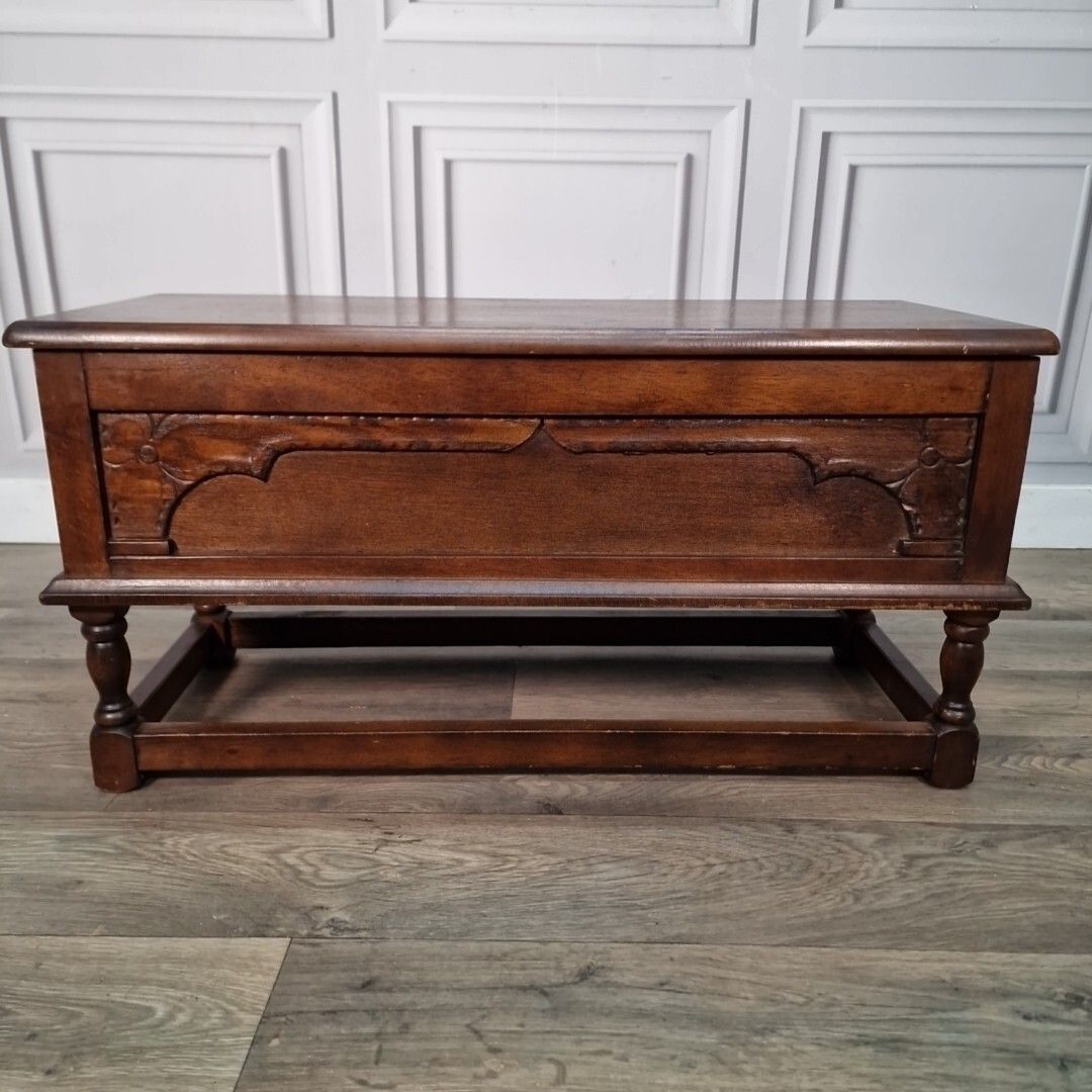 Furniture Antique Wooden Carved Blanket Box Mule Chest Trunk Table On Turned Stand Oak photo
