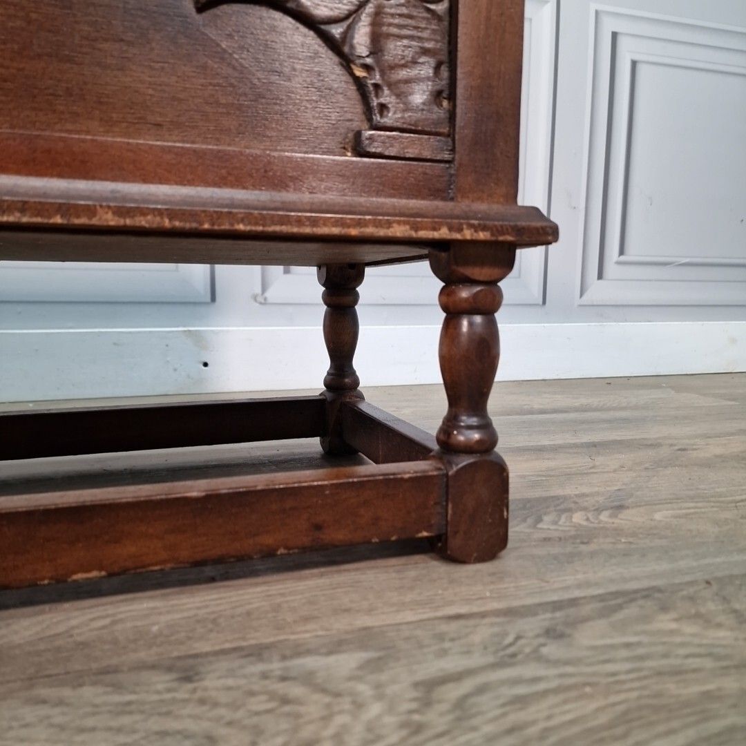 photo buy Antique Wooden Carved Blanket Box Mule Chest Trunk Table On Turned Stand Oak