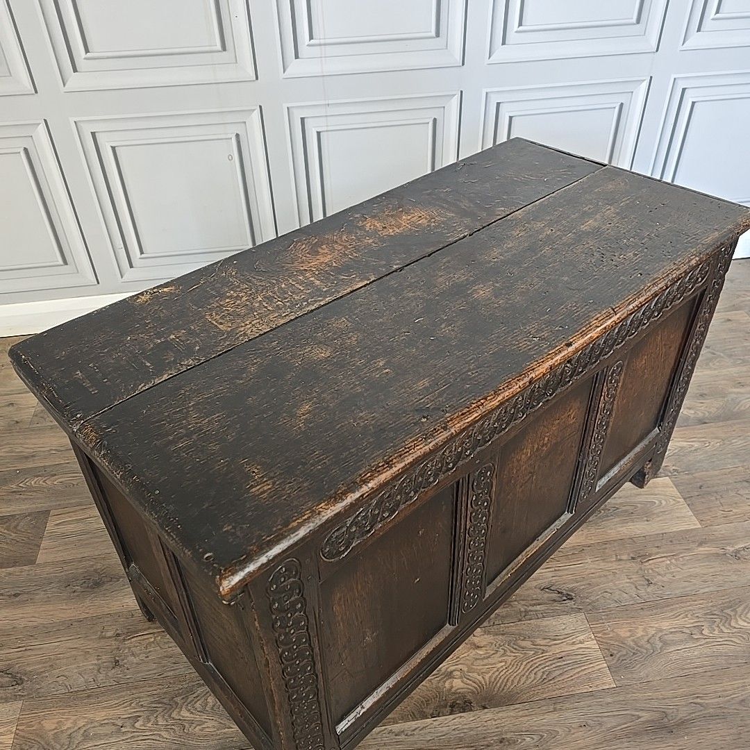 Antique Coffer Blanket Box Trunk Oak – Carved Guilloche Panels – 18th Century photo for sale