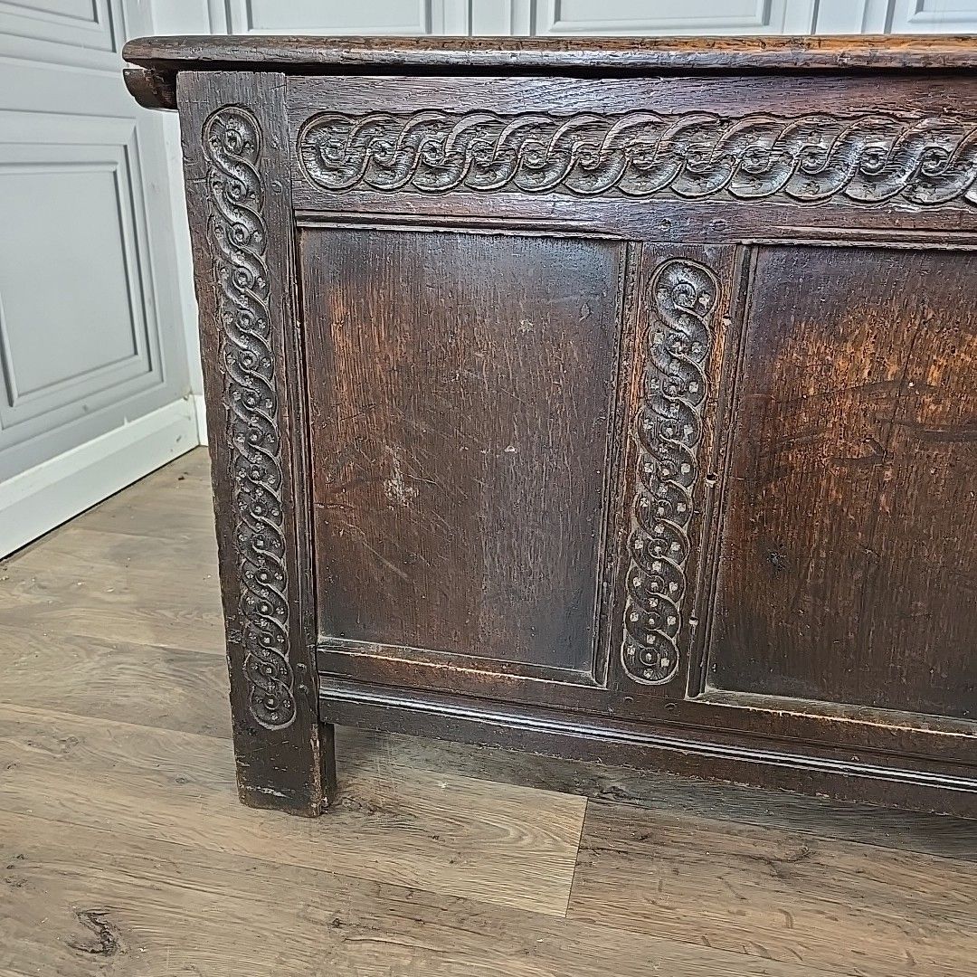 photo for sale Antique Coffer Blanket Box Trunk Oak – Carved Guilloche Panels – 18th Century