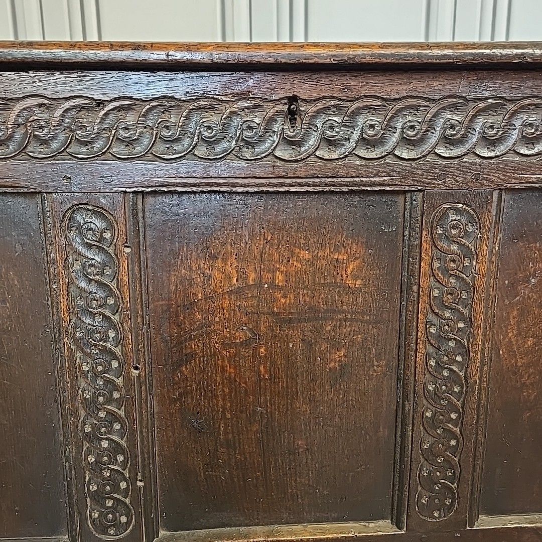 photo vinterior Antique Coffer Blanket Box Trunk Oak – Carved Guilloche Panels – 18th Century