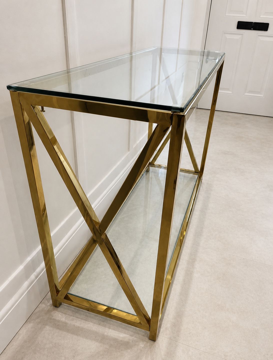 Two Tier Brass & Glass Table, Cross Braced X Frame — 120×40×76 Cm photo furniture