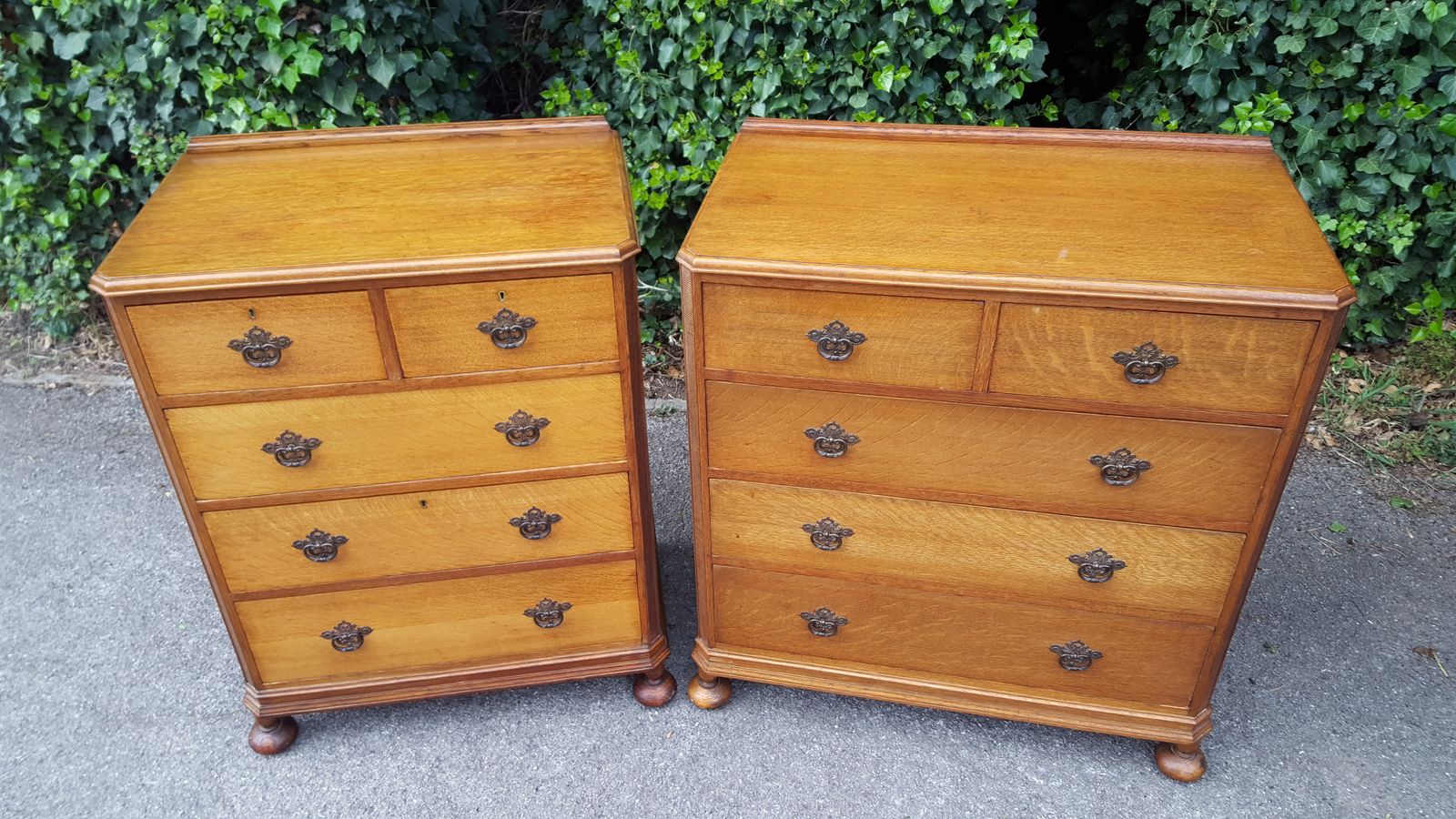 Pair Five Drawer Superb Golden Oak Chest Of Drawers photo for sale