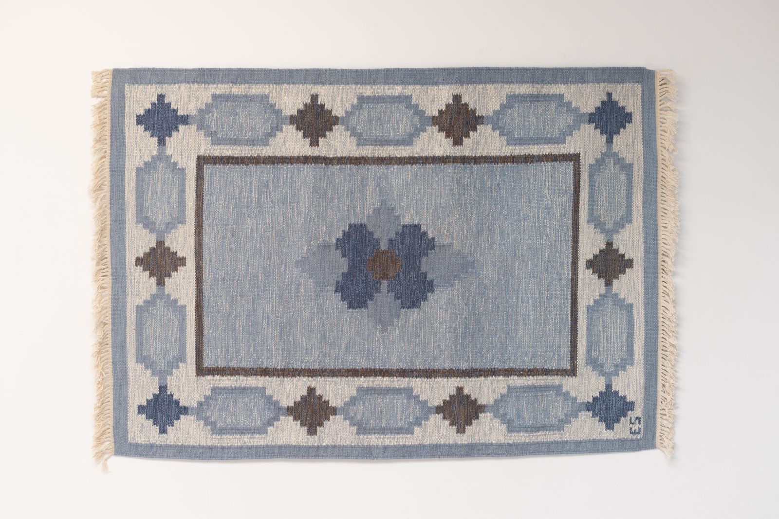 Mid Century Swedish Kilim In Blues And Browns