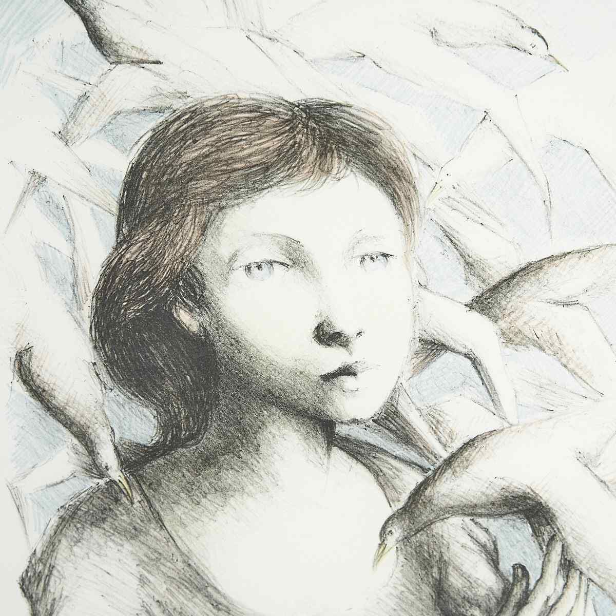 80/200 Lithograph, Young Woman Surrounded By Birds By Domenico Purificato photo furniture