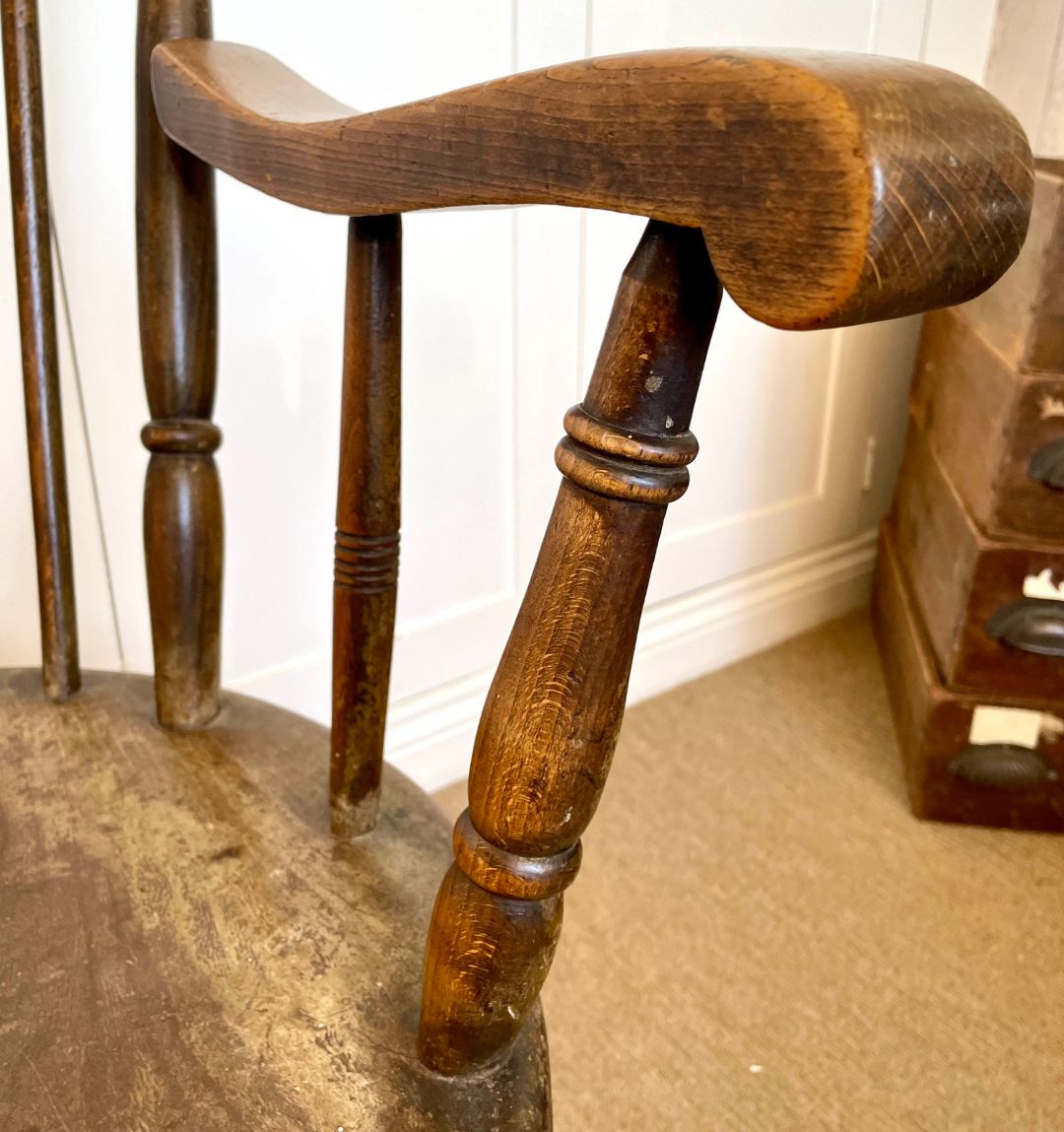 Antique Spindle Back 'Penny' Seat Elm Chair photo for sale