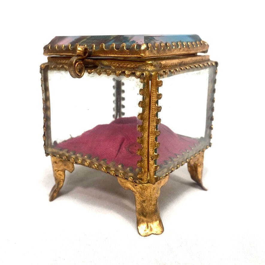 Antique Brussels Souvenir Miniature Casket / Glass Ring Box / Jewellery Box photo furniture