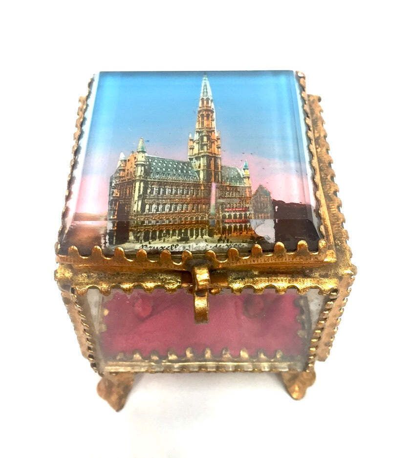 Antique Brussels Souvenir Miniature Casket / Glass Ring Box / Jewellery Box photo Home Decor