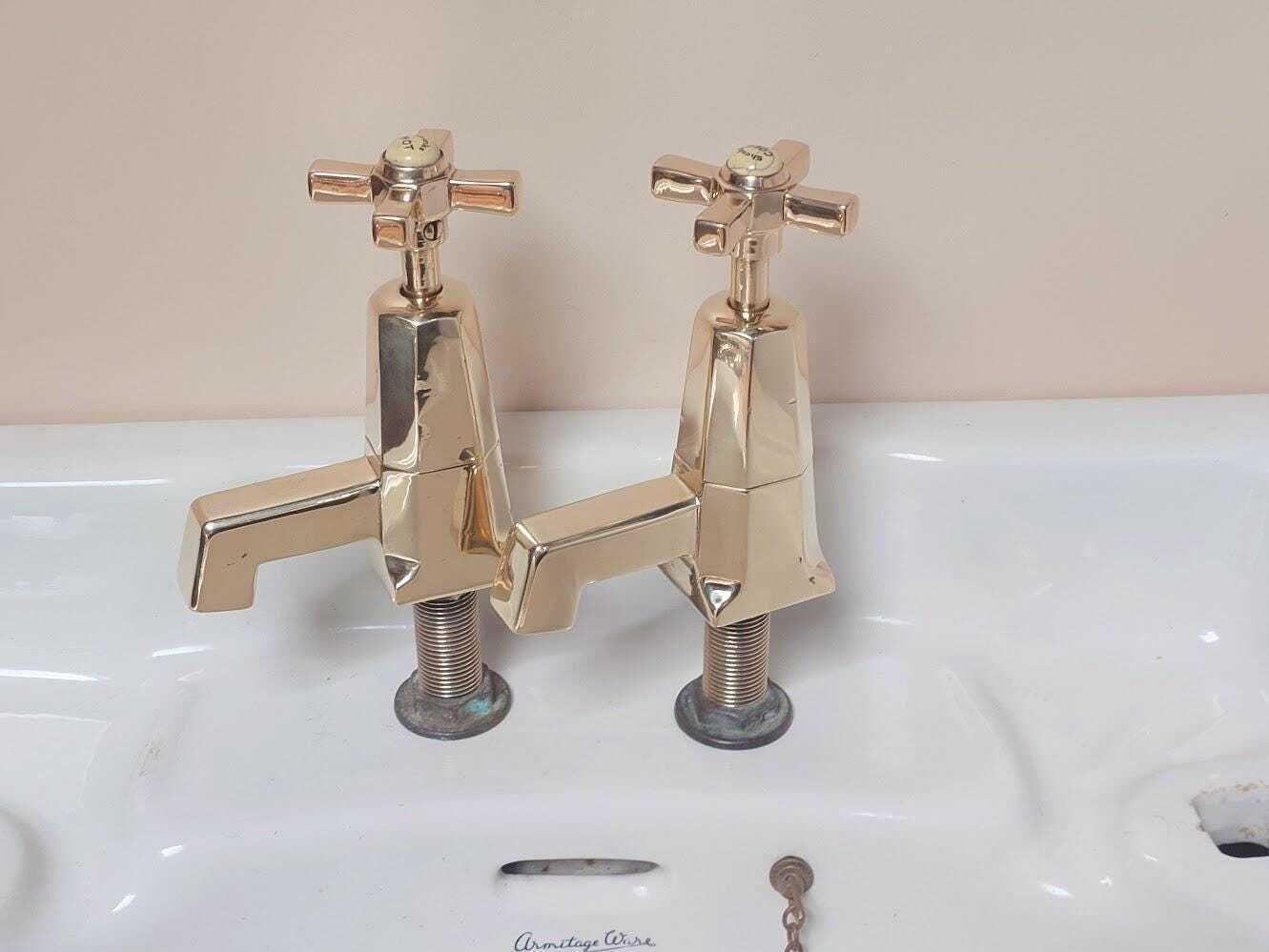 Pair Of Original Art Deco Basin Taps, Polished Brass Sink Faucets, 1920s Basin Taps, Overhauled And Ready To Fit