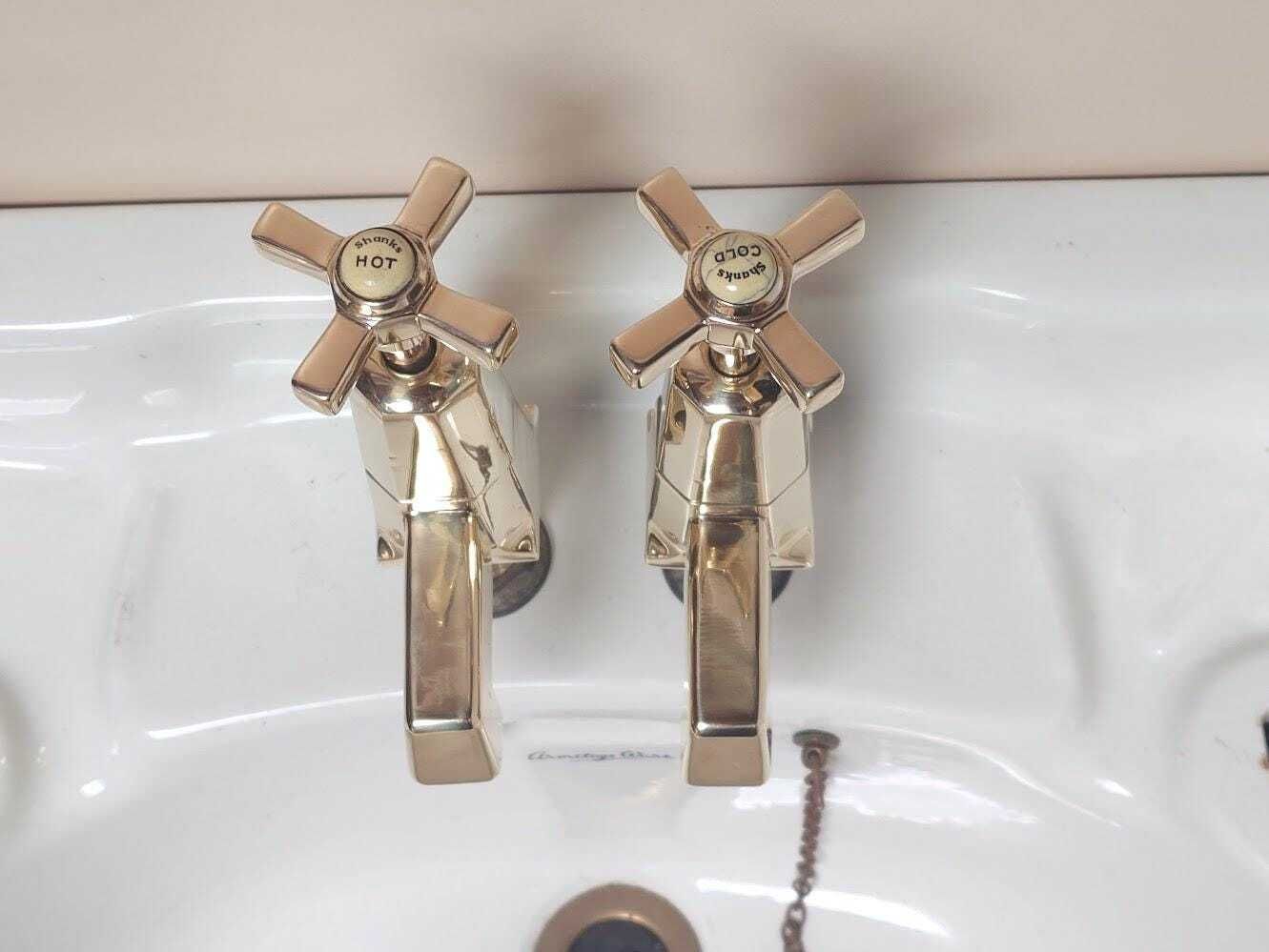 Pair Of Original Art Deco Basin Taps, Polished Brass Sink Faucets, 1920s Basin Taps, Overhauled And Ready To Fit photo 230.0