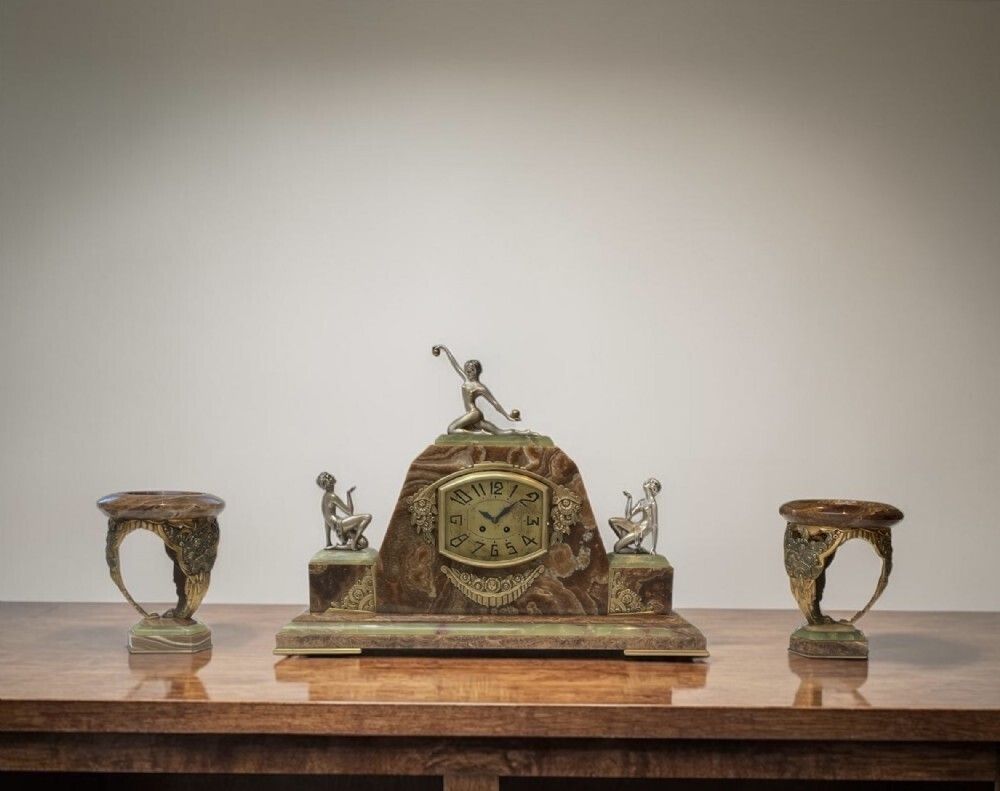 Art Deco French Clock With Its Pair Of Matching Garnitures photo vinterior