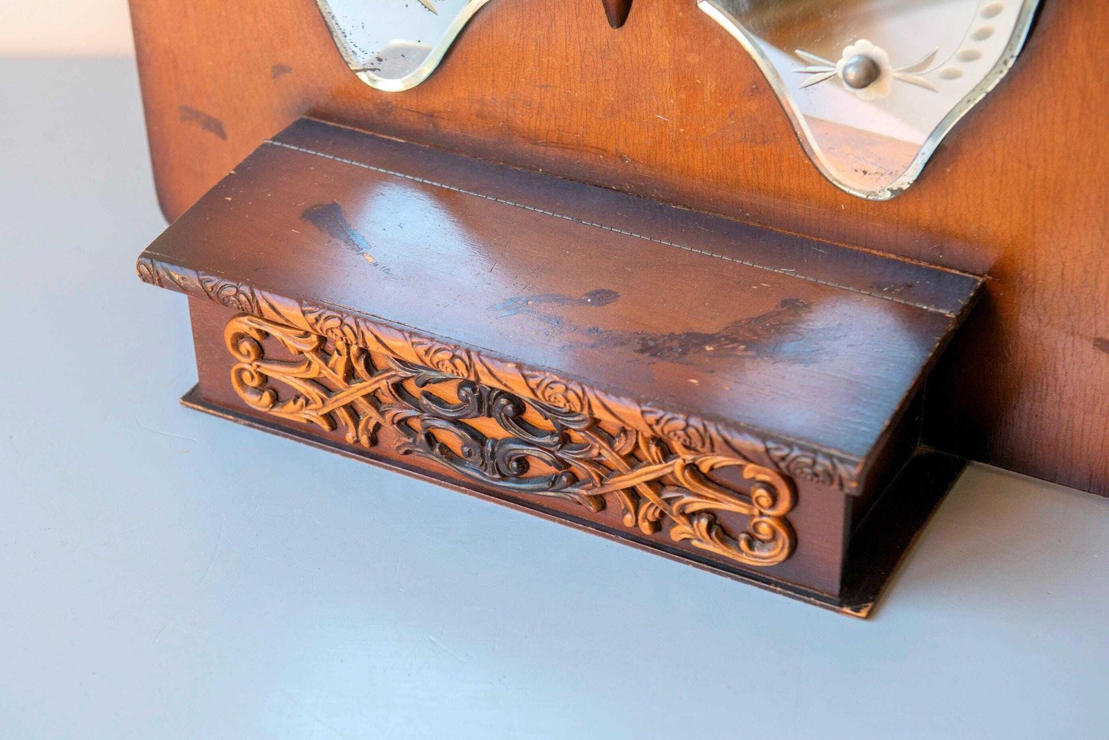 Vintage Butterfly Mirror Cabinet   Vanity Wall Cabinet   Carved Wood Shelf   Art Deco Storage Unit photo buy