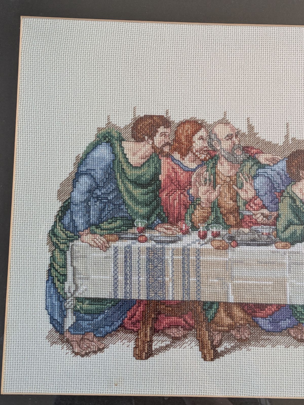 Large Vintage Framed Cross Stitch The Last Supper   Handmade Religious Wall Art photo for sale