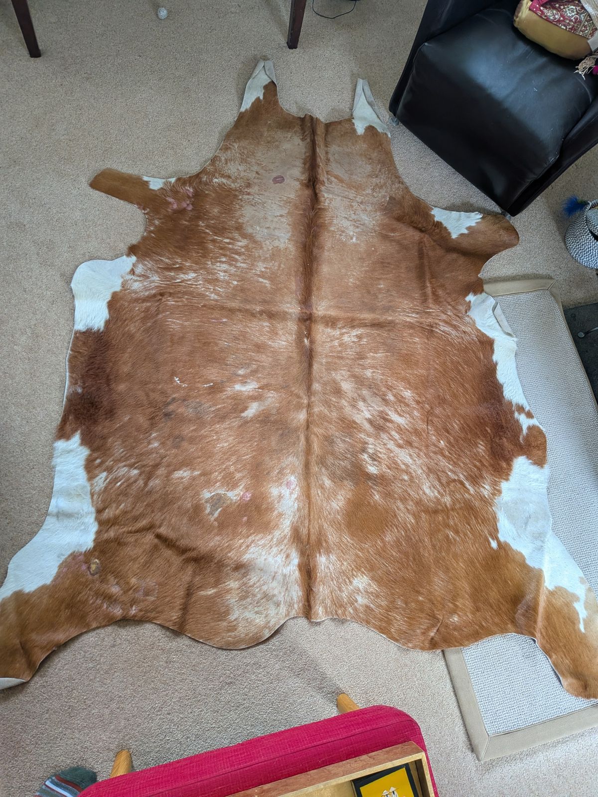Vintage 1990s Texas Cowhide Rug   Genuine Large Brown/White Hide