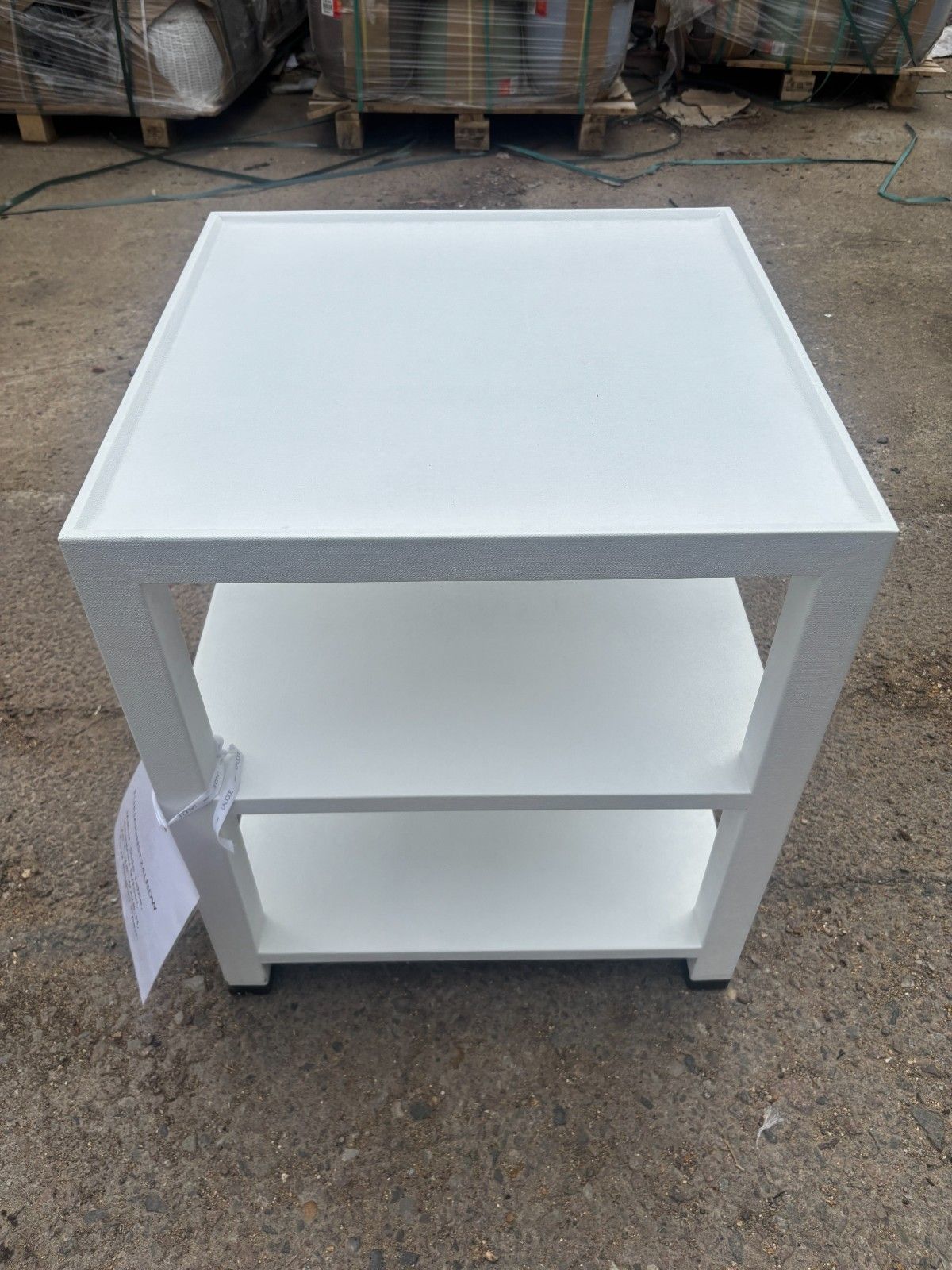 Made Goods Jarin Designer White Side Table With Faux Belgian Linen Finish photo vinterior