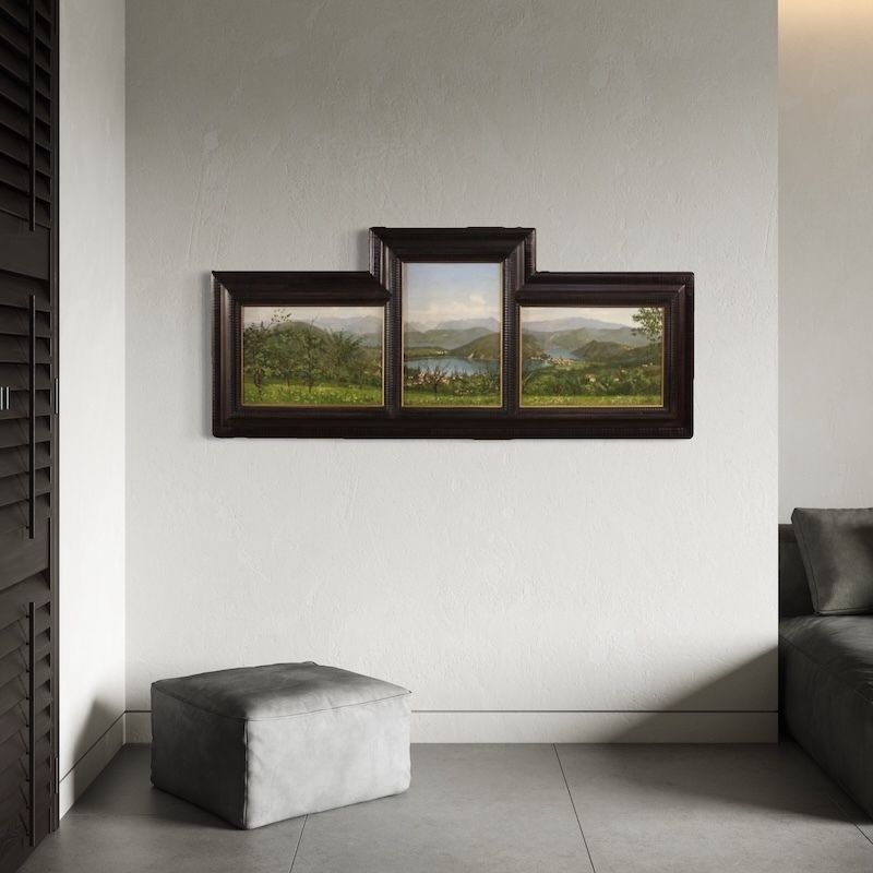 Triptyque de peintures italiennes du XXe siècle, vue du lac de Lugano photo vinterior