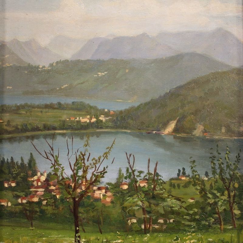 Art Triptyque de peintures italiennes du XXe siècle, vue du lac de Lugano photo