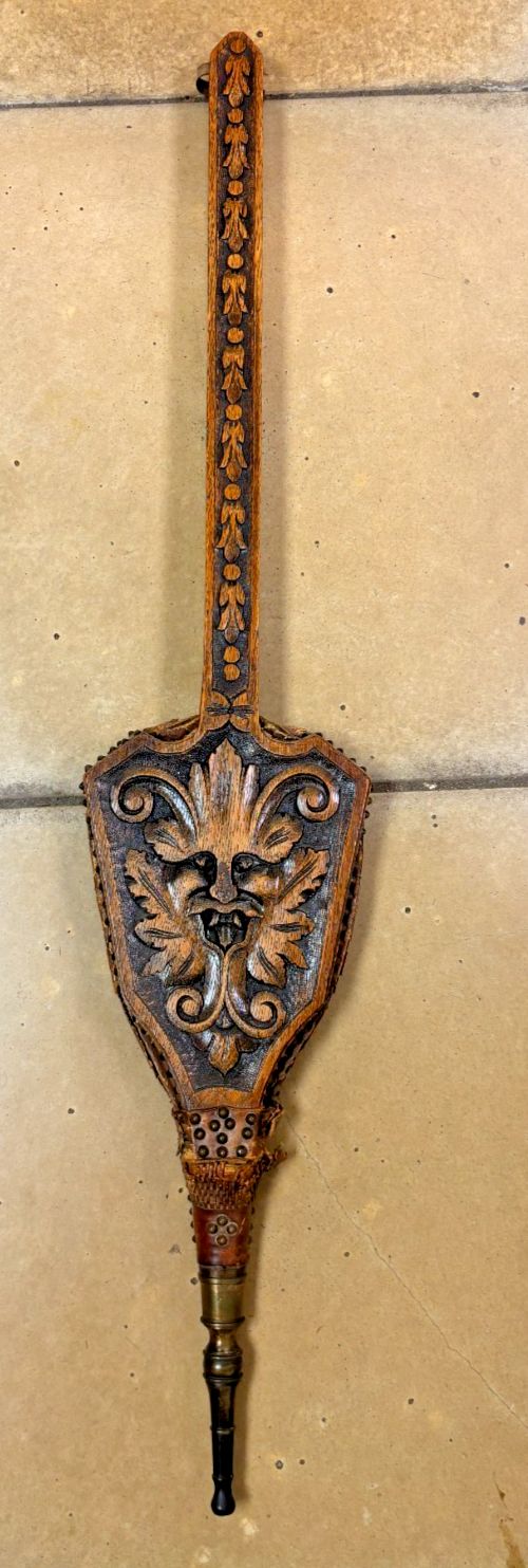 Antique Arts & Crafts Style Wood & Leather Fire Bellows As Found