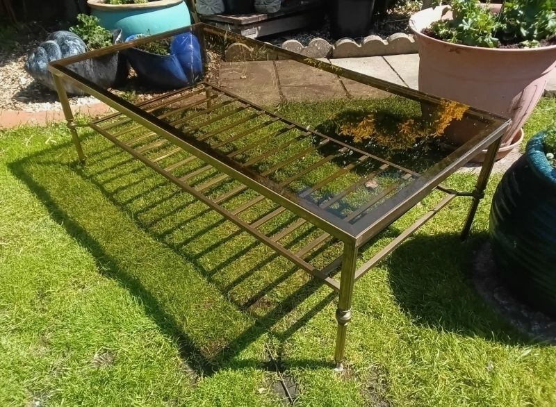 Big, Big Reduction.....Magnificent Vintage Brass Framed, Smoke Glass Top, Coffee Table.