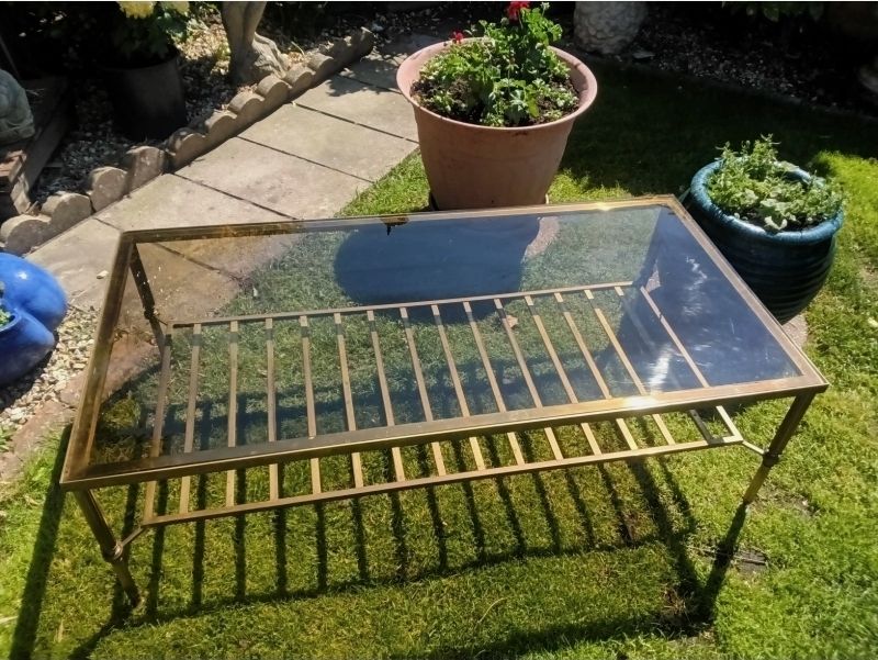 Big £200 Reduction.....Magnificent Vintage Brass Framed, Smoke Glass Top, Coffee Table. photo Furniture