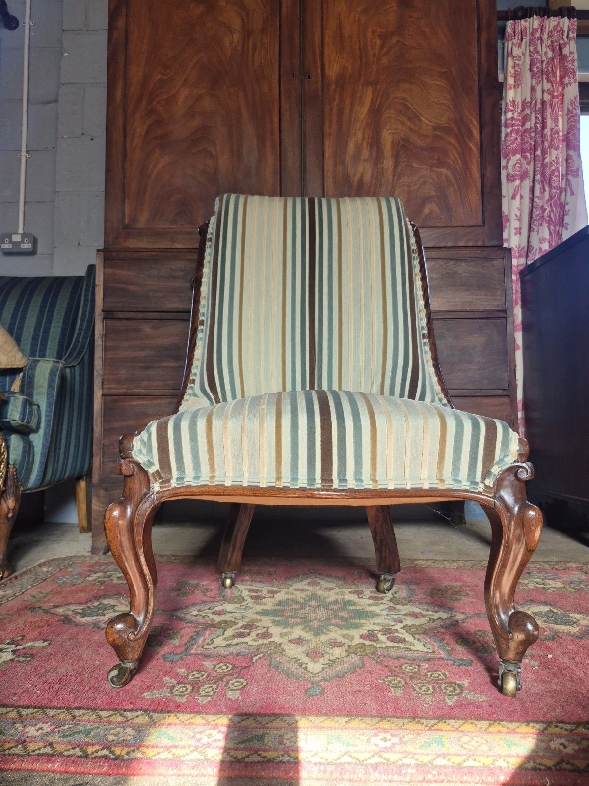 Fabulous Victorian Vintage Stripey Velvet Zebra Wood Scrollback Slipper Armchair photo furniture