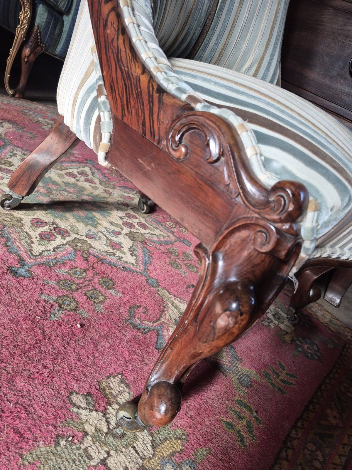 Furniture Fabulous Victorian Vintage Stripey Velvet Zebra Wood Scrollback Slipper Armchair photo