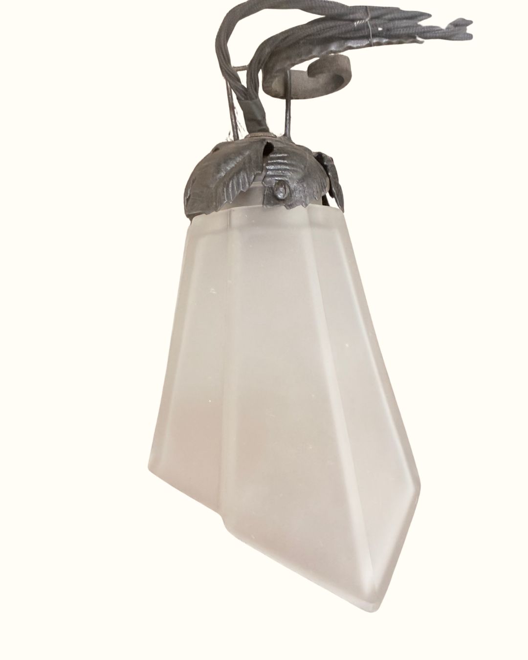 1920s Genet & Michon French Art Nouveau Wrought Iron And Frosted Glass Chandelier photo buy