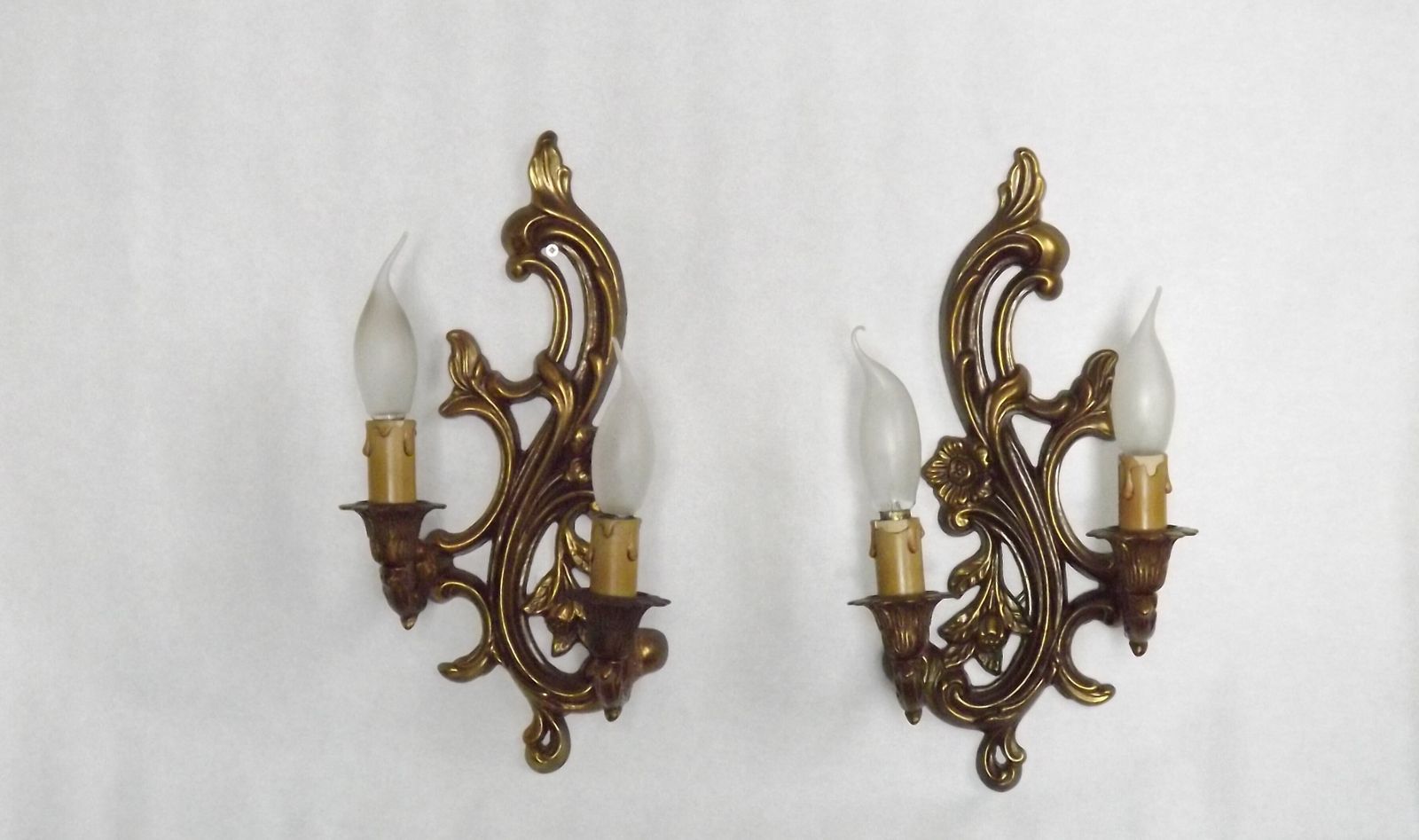 Pair French Mid Century Bronze Double Wall Lights With Acanthus Leaf & Flower Detail photo Lighting