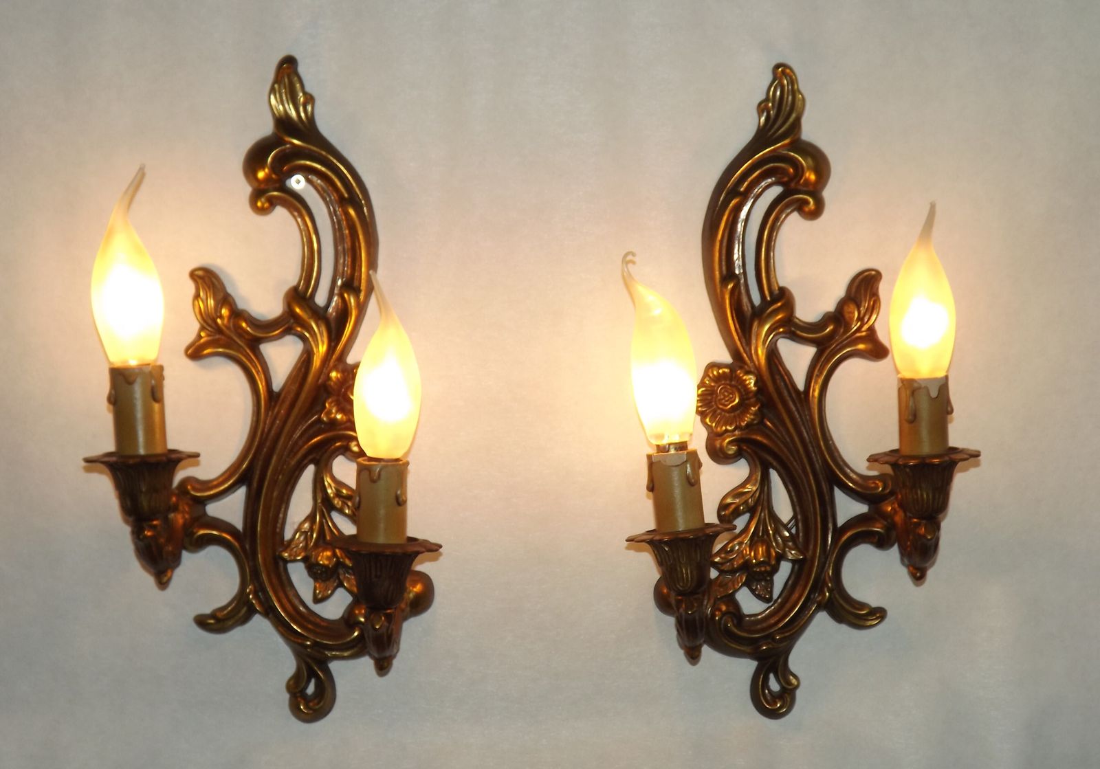 Pair French Mid Century Bronze Double Wall Lights With Acanthus Leaf & Flower Detail photo for sale