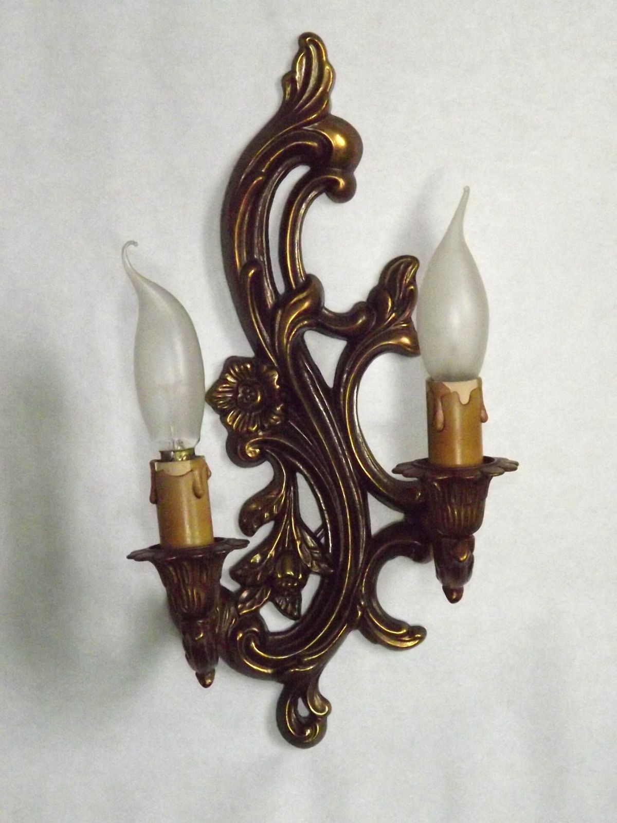 Pair French Mid Century Bronze Double Wall Lights With Acanthus Leaf & Flower Detail photo vinterior