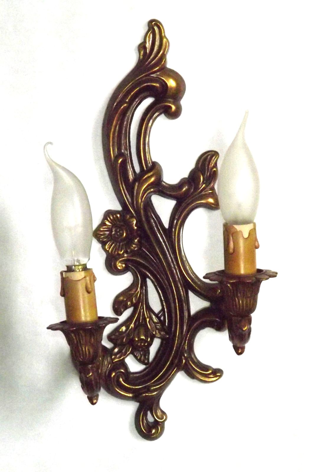Pair French Mid Century Bronze Double Wall Lights With Acanthus Leaf & Flower Detail photo vintage