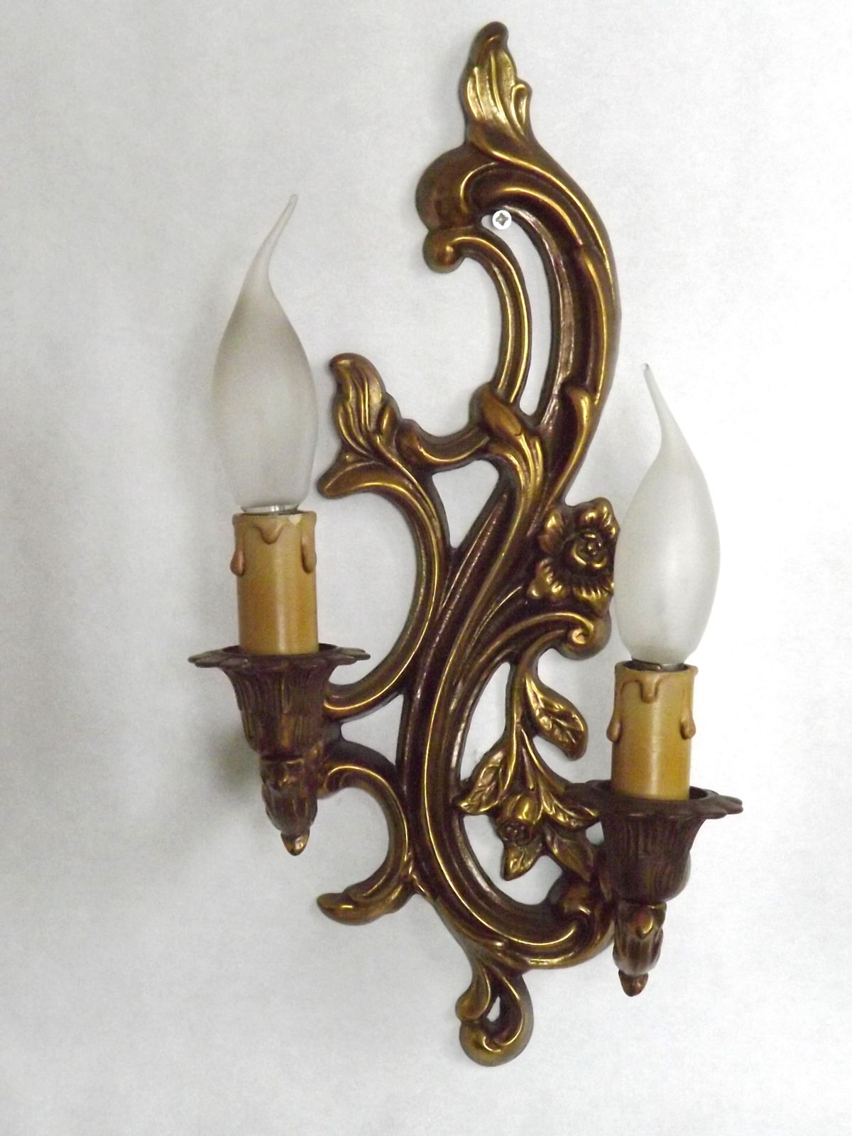 photo furniture Pair French Mid Century Bronze Double Wall Lights With Acanthus Leaf & Flower Detail