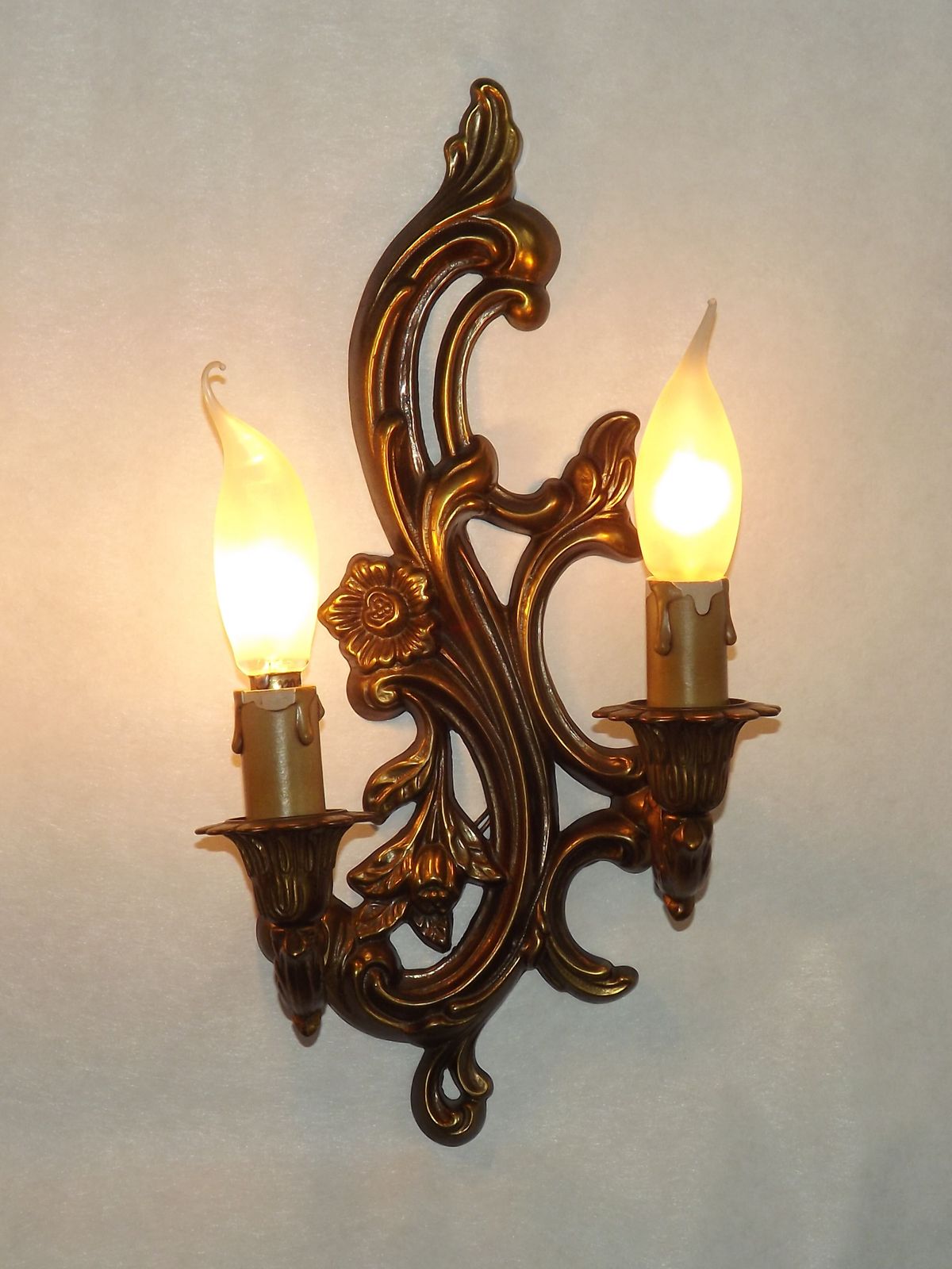 photo for sale Pair French Mid Century Bronze Double Wall Lights With Acanthus Leaf & Flower Detail