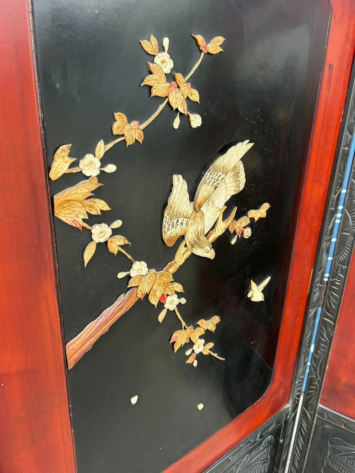 Antique Japanese Dress Screen Divider Hand Painted & Carved Birds Meiji Period photo buy