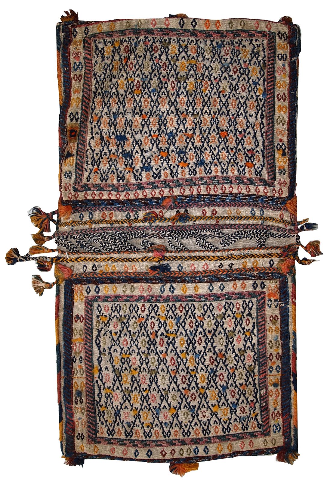 Handgemaakte antieke flatweave zadeldubbeltas — 55 × 100 cm — jaren 1940