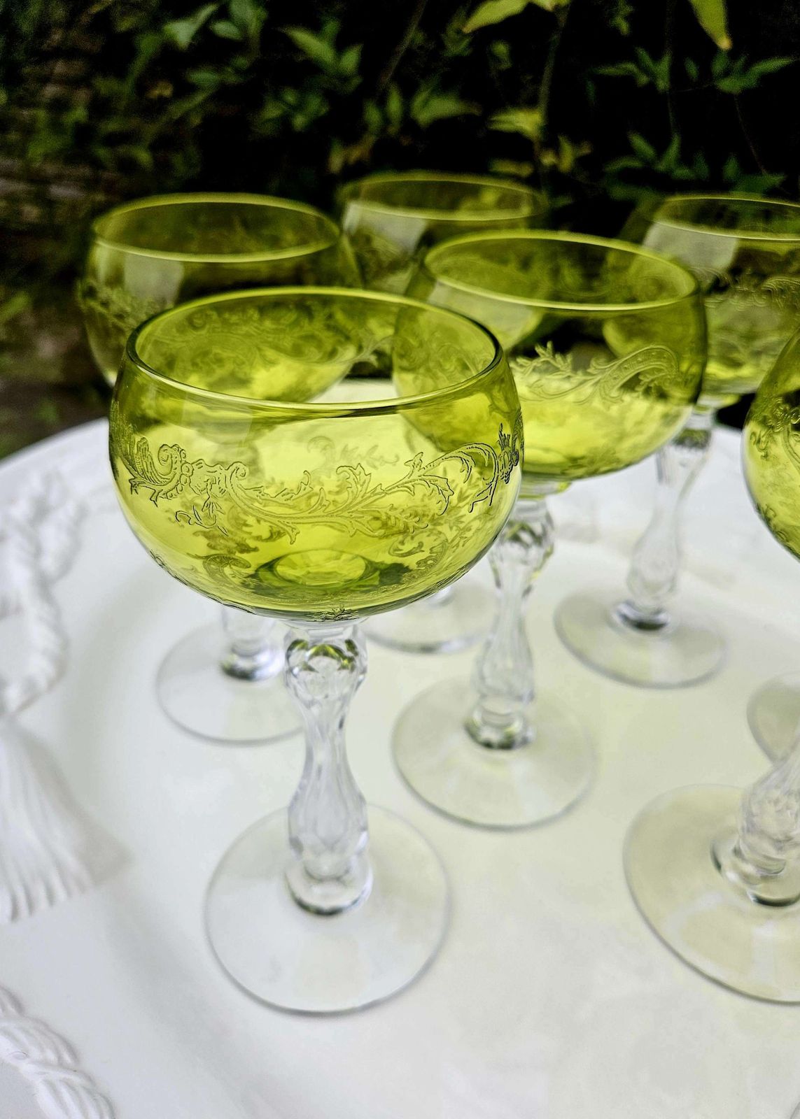 Pair Of Antique, Uranium St Louis French Crystal Hock Glasses In Lime Green photo Home Decor