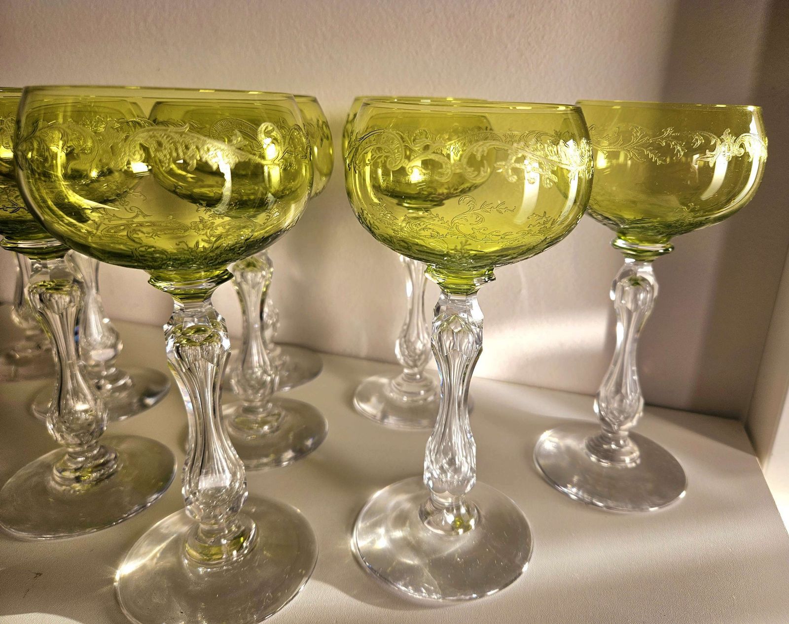 Pair Of Antique, Uranium St Louis French Crystal Hock Glasses In Lime Green photo 125.0
