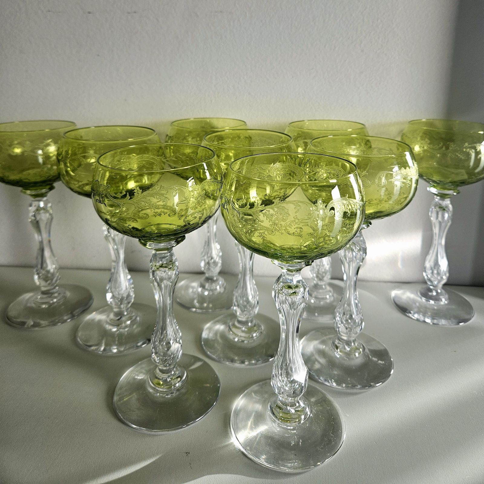 Pair Of Antique, Uranium St Louis French Crystal Hock Glasses In Lime Green photo buy