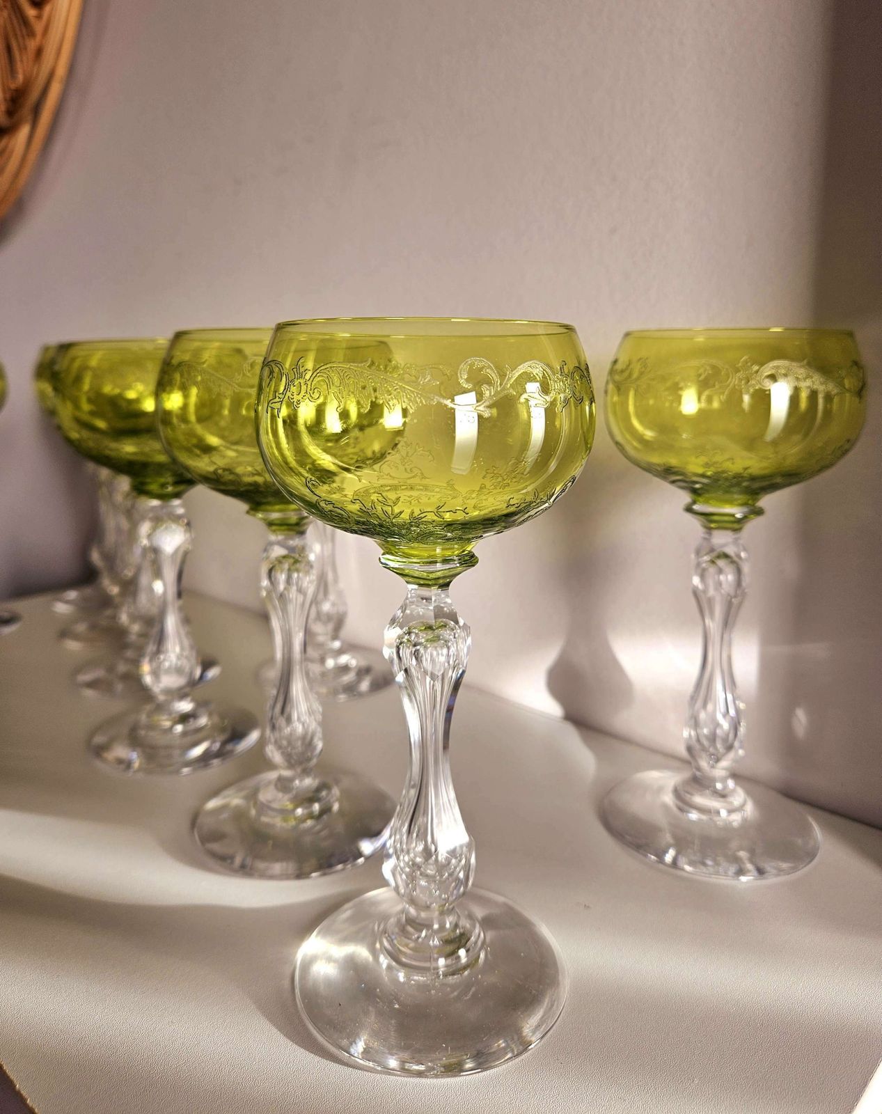 Pair Of Antique, Uranium St Louis French Crystal Hock Glasses In Lime Green photo vintage