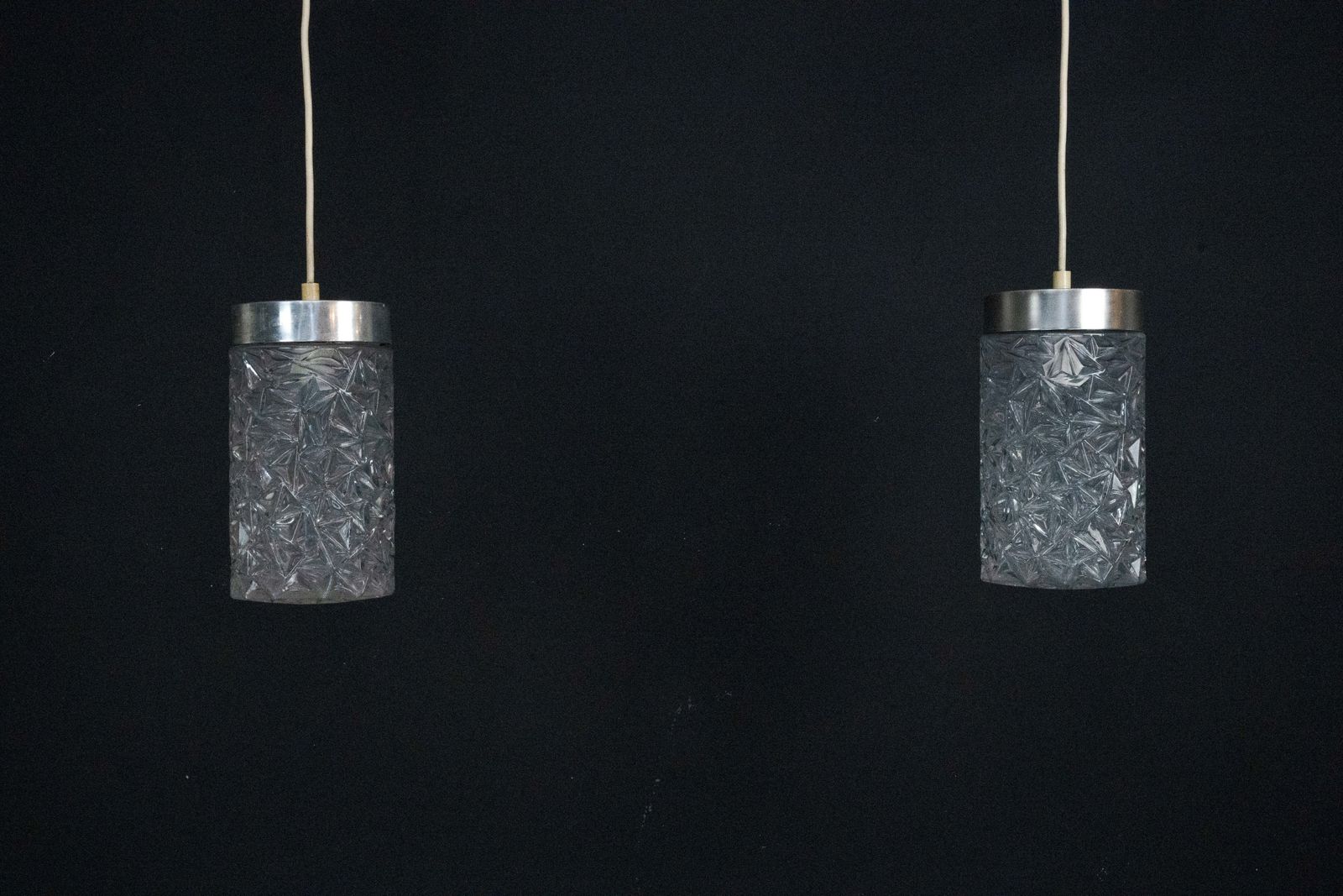 Pair Of Italian Pendant Lights In Glass And Polished Aluminum, 1970s
