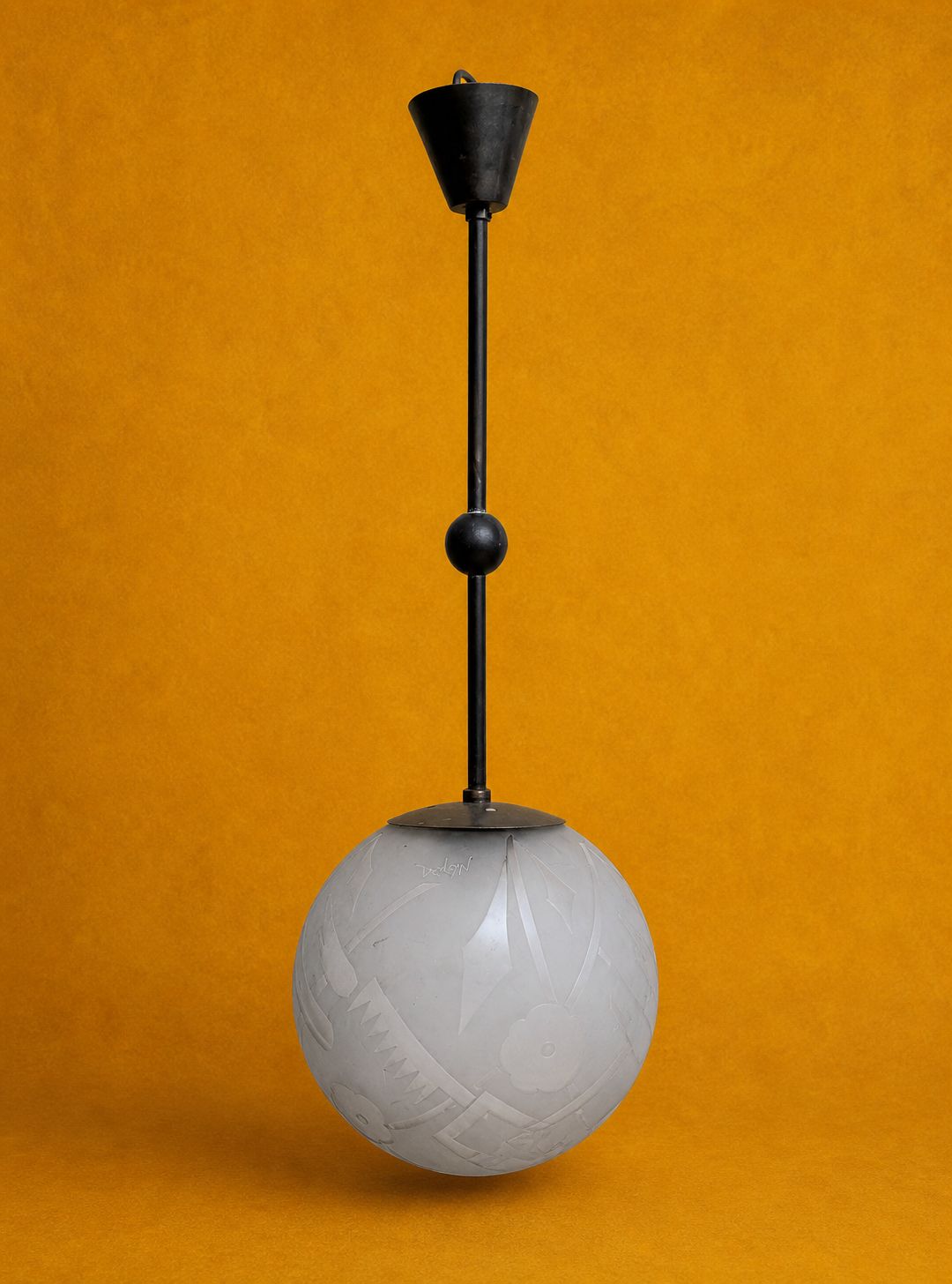 1930s Deveau French Art Deco Frosted Glass And Bronze Ceiling Lamp